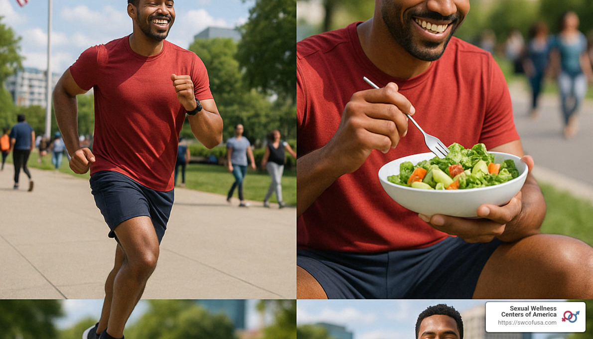 man exercising, eating healthy food, and practicing stress reduction techniques - erectile dysfunction treatment