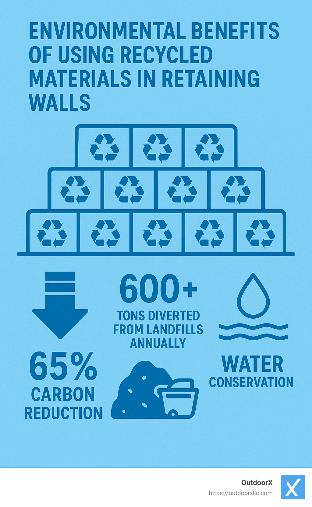 Infographic showing environmental benefits of using recycled materials in retaining walls: 65% carbon reduction, 600+ tons diverted from landfills annually, water conservation benefits - retaining wall contractor infographic
