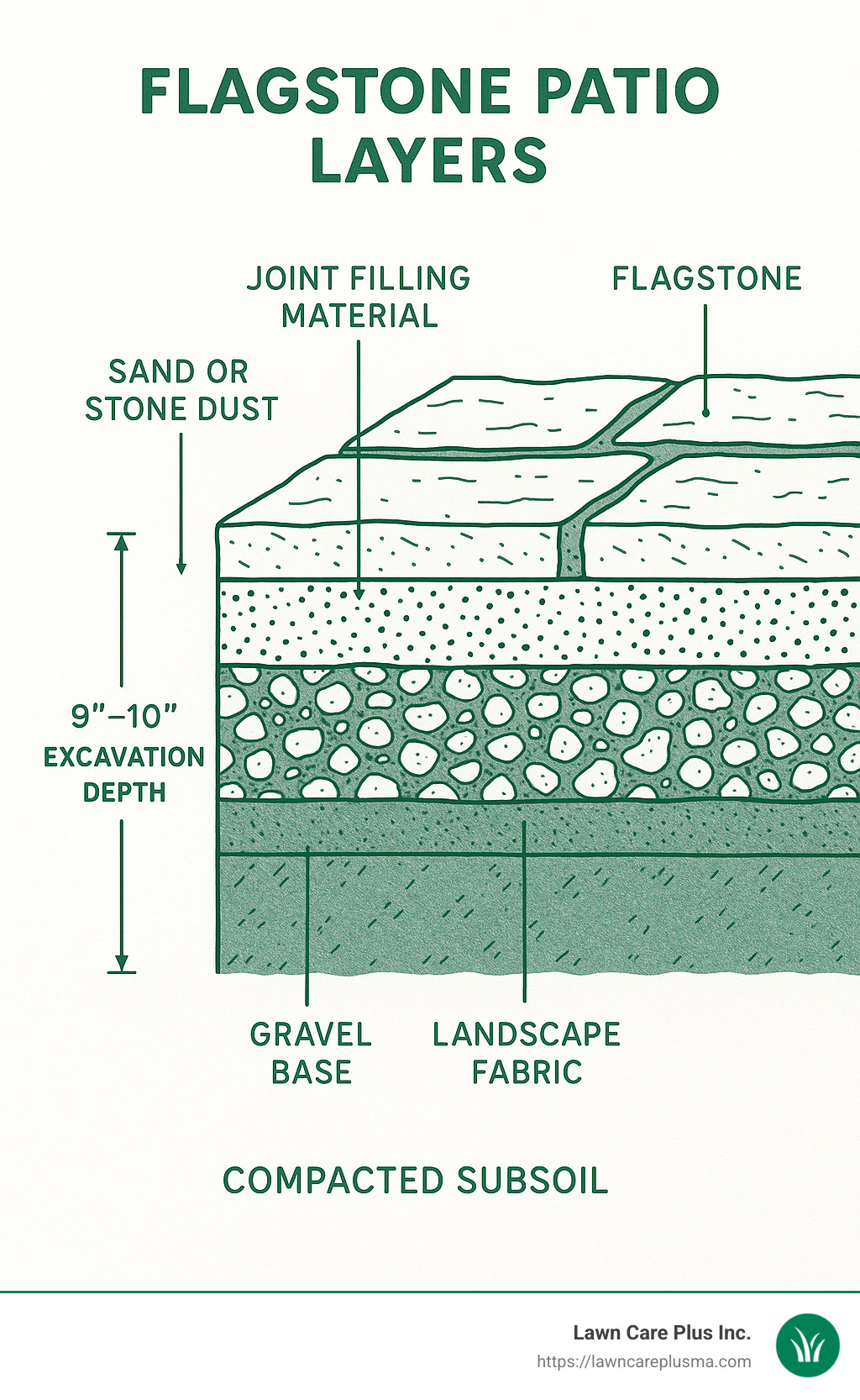 Detailed cross-section of flagstone patio layers showing excavation depth, compacted subsoil, landscape fabric, gravel base layer, sand or stone dust layer, flagstone placement, and joint filling material with measurements for each layer - flagstone patio installation infographic 