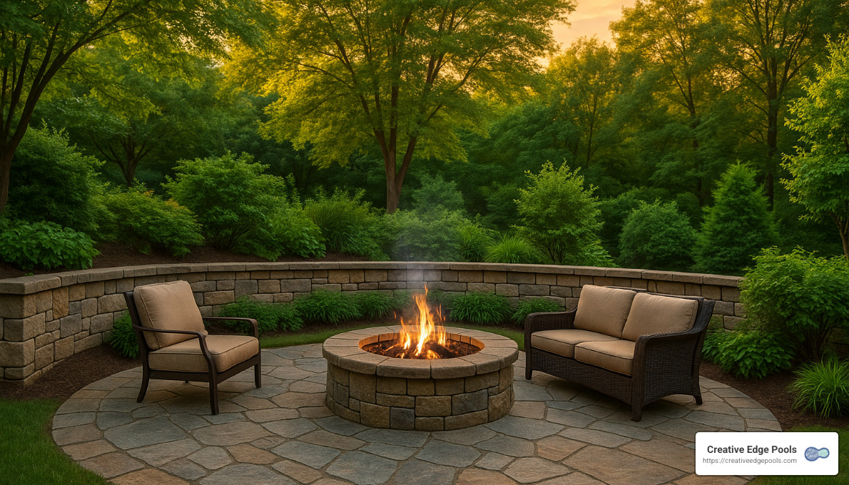 backyard with stone patio, firepit and retaining wall - hardscape service backyard with stone patio, firepit and retaining wall - hardscape service