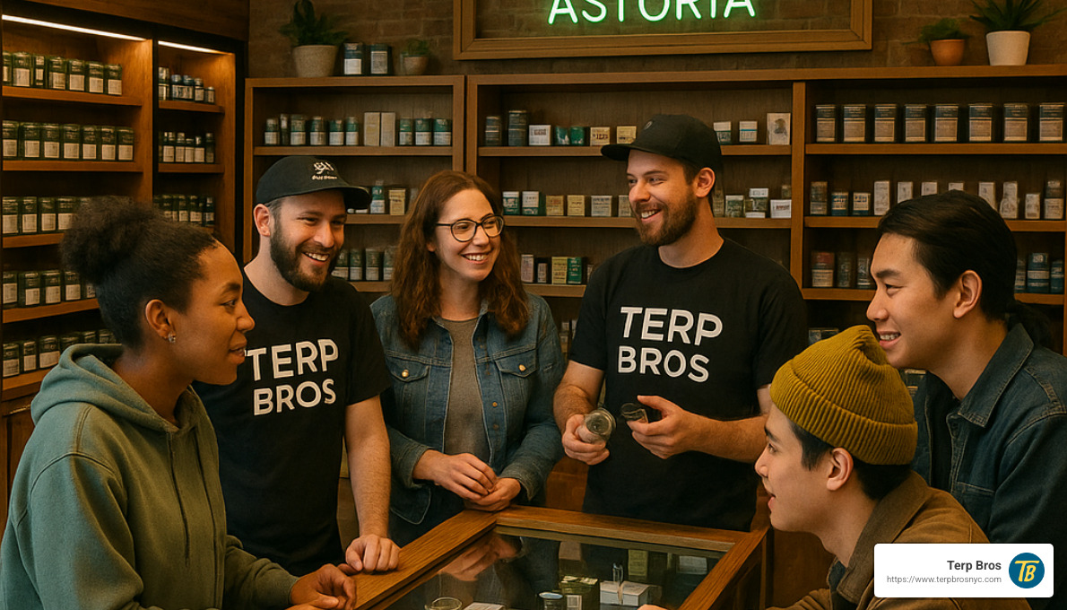 Terp Bros dispensary in Astoria with staff assisting customers - are edibles illegal