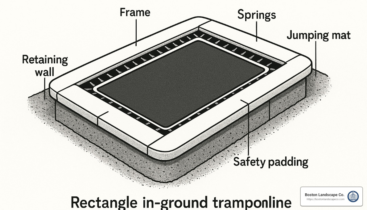 trampoline components labeled - rectangle trampoline in the ground