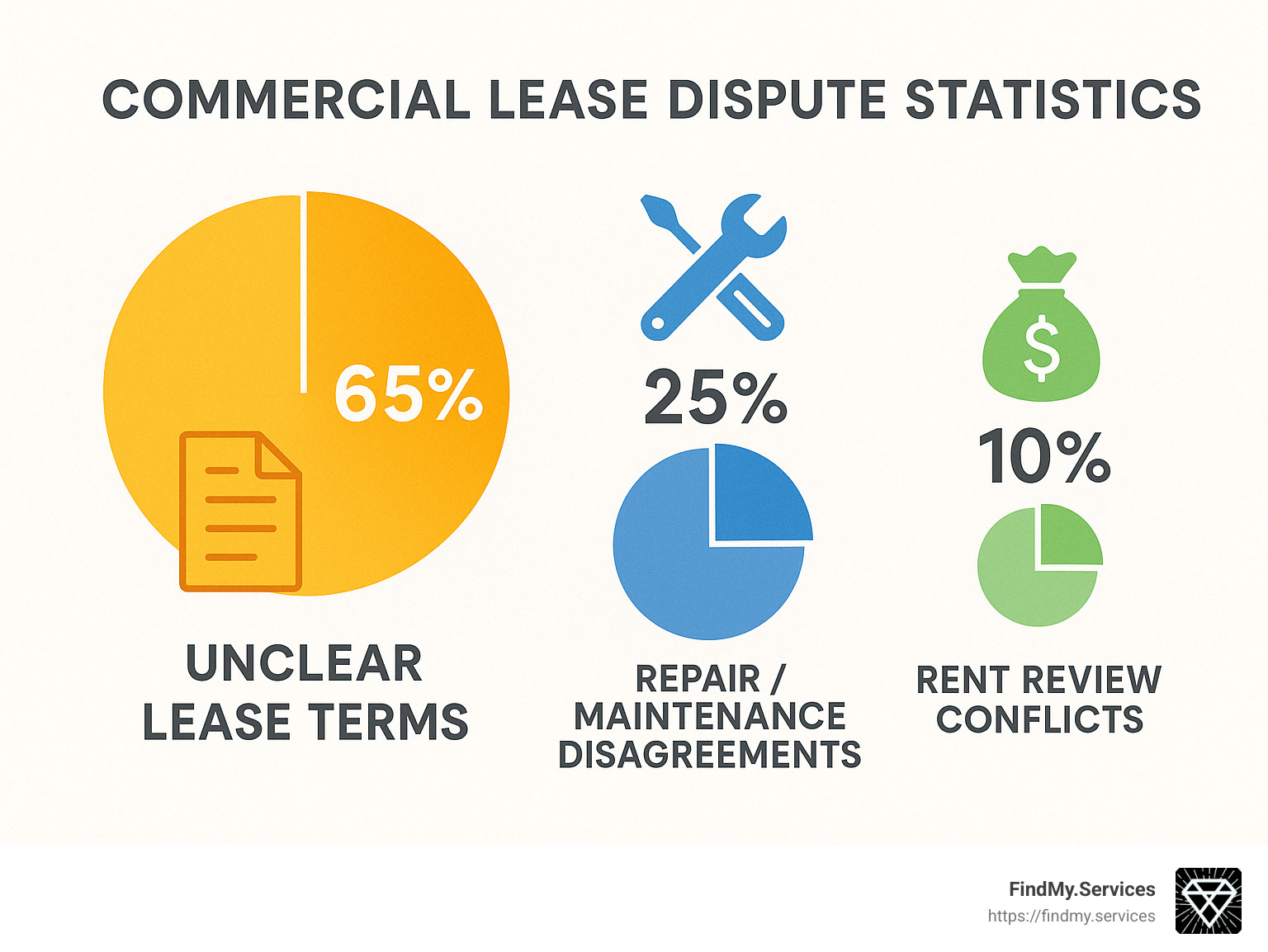 Detailed statistics on commercial lease disputes showing that over 65% of disputes arise from unclear lease terms, 25% from repair and maintenance disagreements, and 10% from rent review conflicts - commercial lease specialist solicitor infographic 