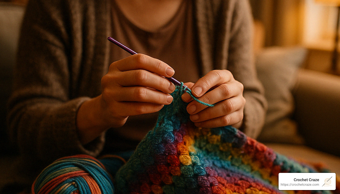 Crocheter working on a colorful blanket in a cozy setting - crochet blanket guide