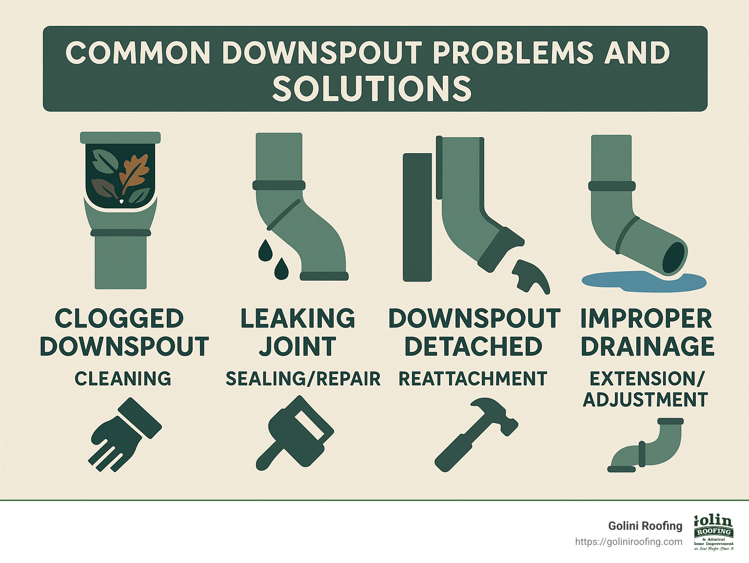 Diagram showing common downspout problems including clogs, leaks, detachment from house, improper drainage and their solutions with professional repair services - downspout repair near me infographic Diagram showing common downspout problems including clogs, leaks, detachment from house, improper drainage and their solutions with professional repair services - downspout repair near me infographic