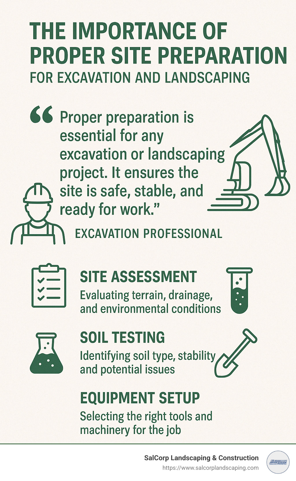 Quote from excavation professional about the importance of proper site preparation - excavation and landscaping near me infographic 