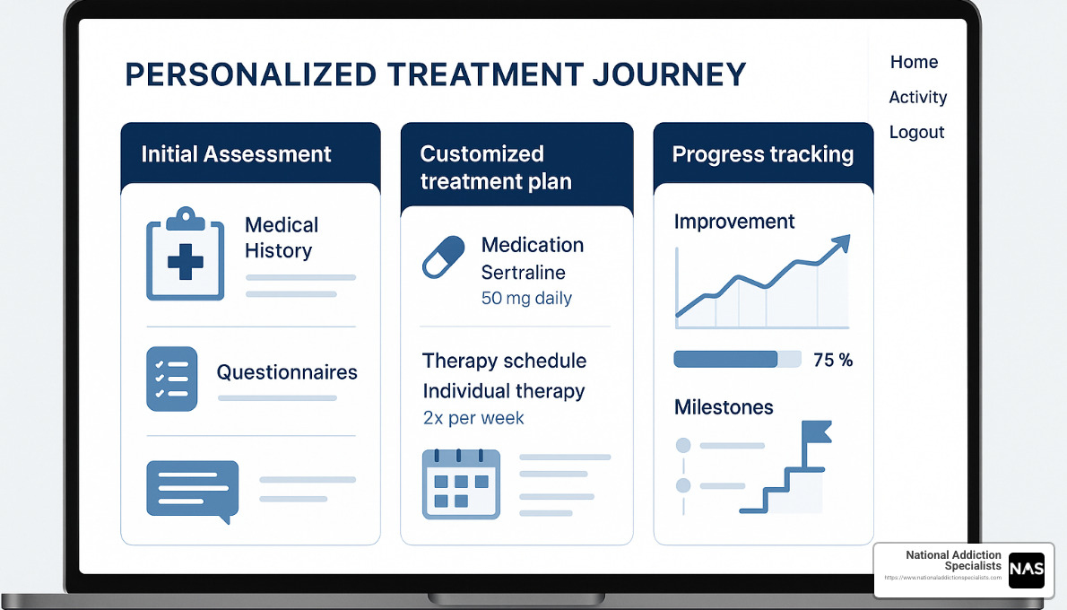 personalized treatment journey showing assessment, customized plan, and progress tracking - medication assisted treatment online