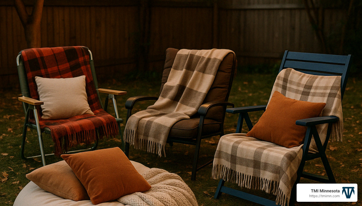 cozy outdoor seating arrangement with blankets and pillows - outdoor movie night setup