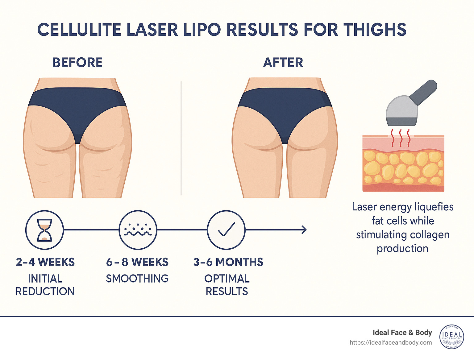 Comparison of cellulite laser lipo results showing before and after images of thighs with accompanying timeline of treatment progression, explanation of how the procedure works using laser energy to liquefy fat cells while stimulating collagen production, and typical recovery expectations - cellulite laser lipo before and after thighs infographic 