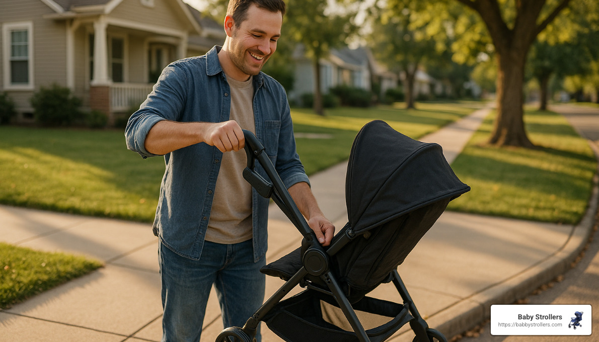 parent using one-handed fold mechanism on a budget friendly stroller - best budget friendly stroller