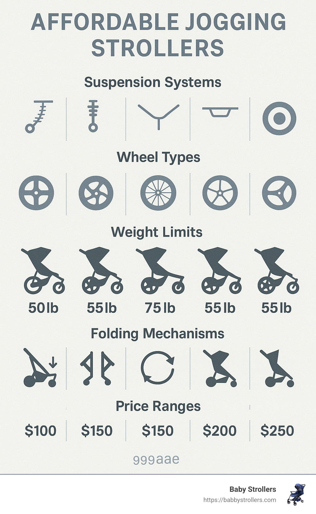 Comparison of affordable jogging stroller features showing suspension systems, wheel types, weight limits, folding mechanisms, and price ranges for the top 5 budget models - affordable jogging stroller infographic 