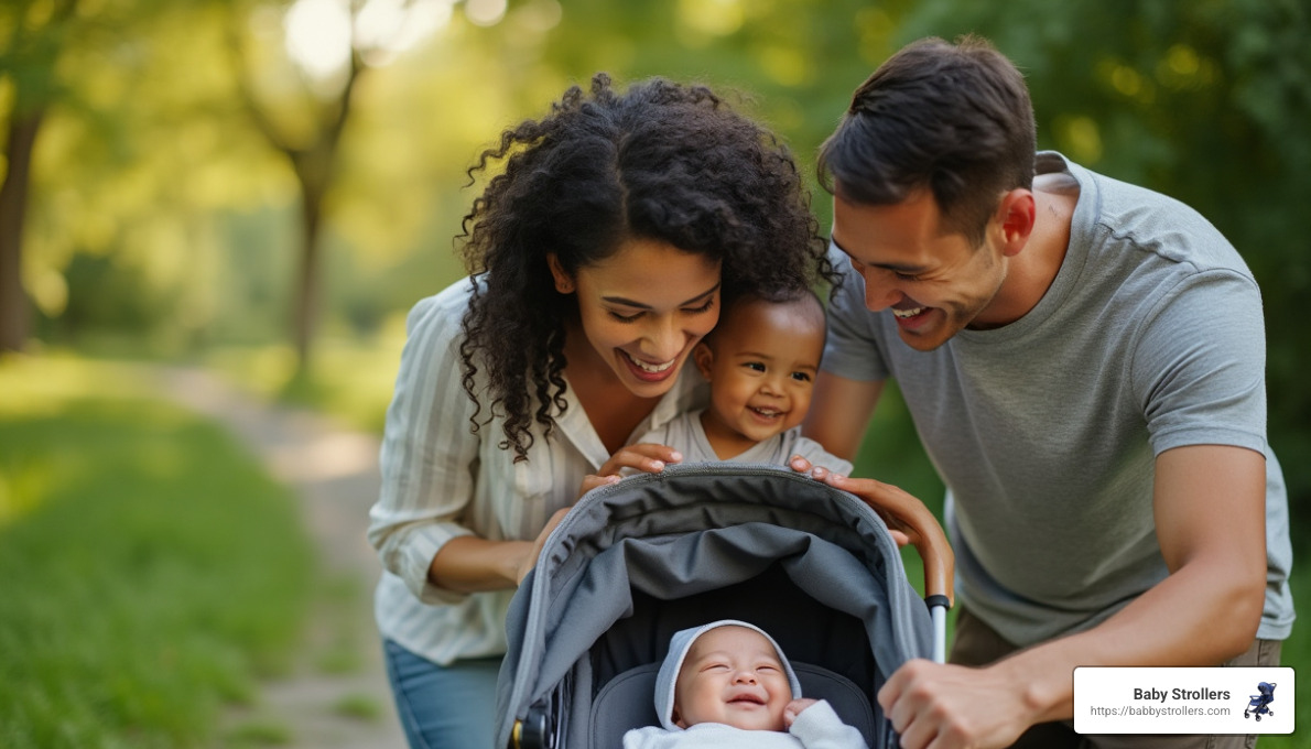 happy family with stroller - affordable stroller for newborn
