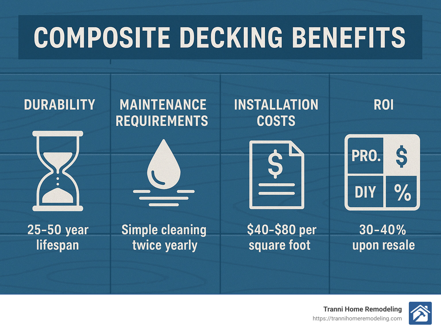 Comparison of composite decking benefits showing durability (25-50 year lifespan), maintenance requirements (simple cleaning twice yearly), installation costs ($40-$80 per square foot), and ROI (30-40% upon resale) with professional vs DIY installation outcomes - composite decking installer near me infographic 