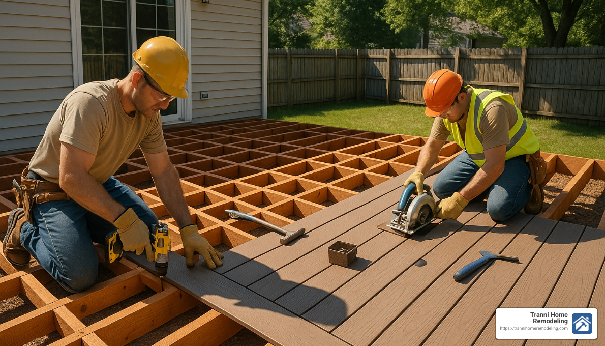 composite deck installation process showing substructure and board installation - composite decking installer near me