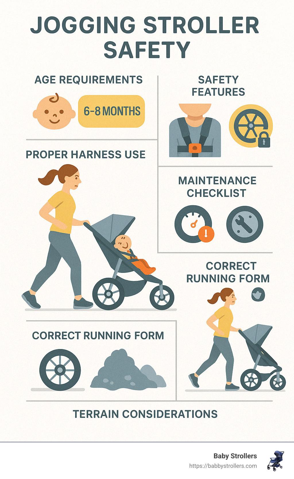 Comprehensive guide to jogging stroller safety showing age requirements, safety features, proper harness use, and maintenance checklist with illustrations of correct running form and terrain considerations - jogging stroller safety tips infographic 
