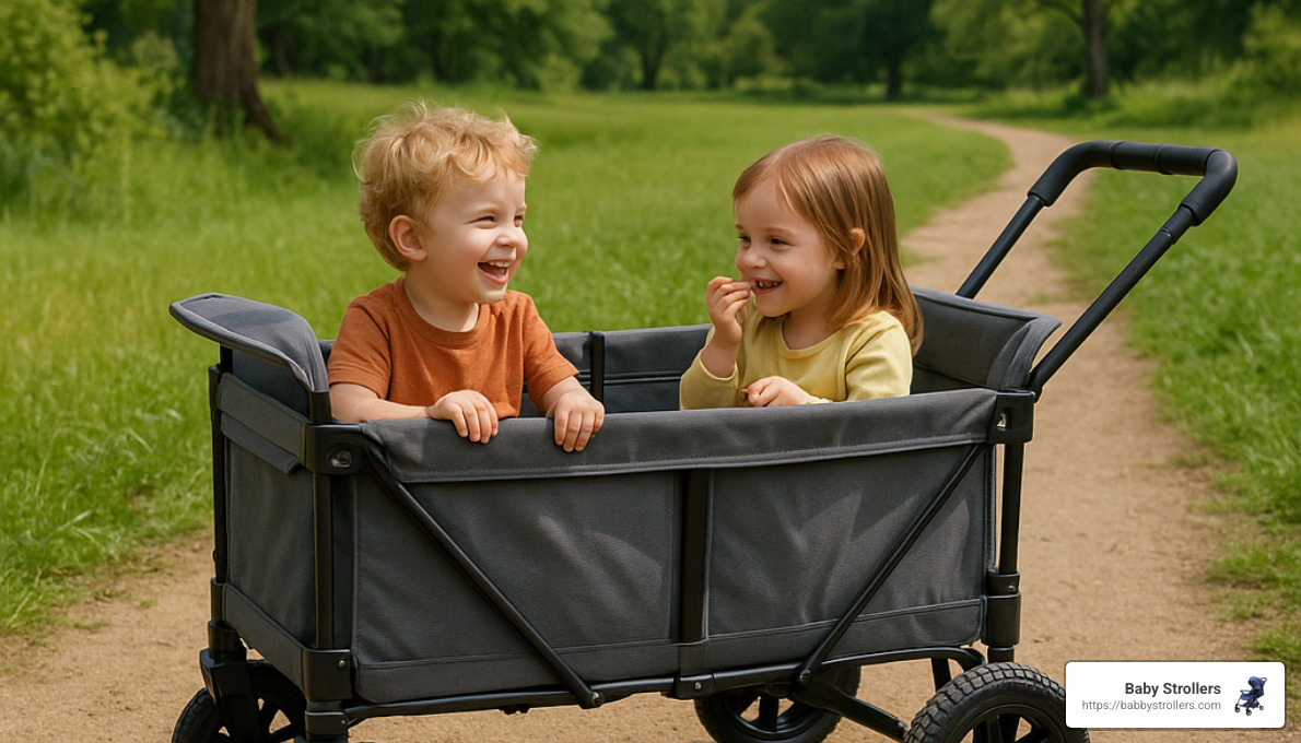 A budget-friendly double all-terrain stroller wagon with two children enjoying an outdoor trip - cheap all-terrain strollers