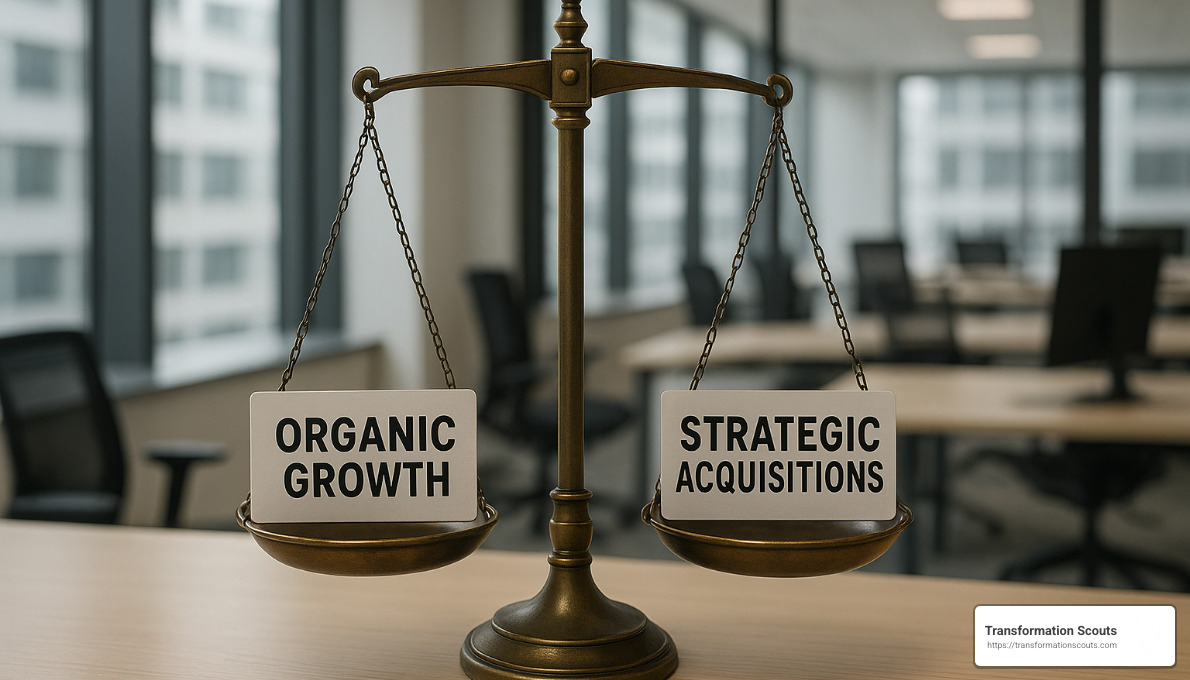 Balance scale showing organic growth versus strategic acquisitions - strategic growth solutions Balance scale showing organic growth versus strategic acquisitions - strategic growth solutions