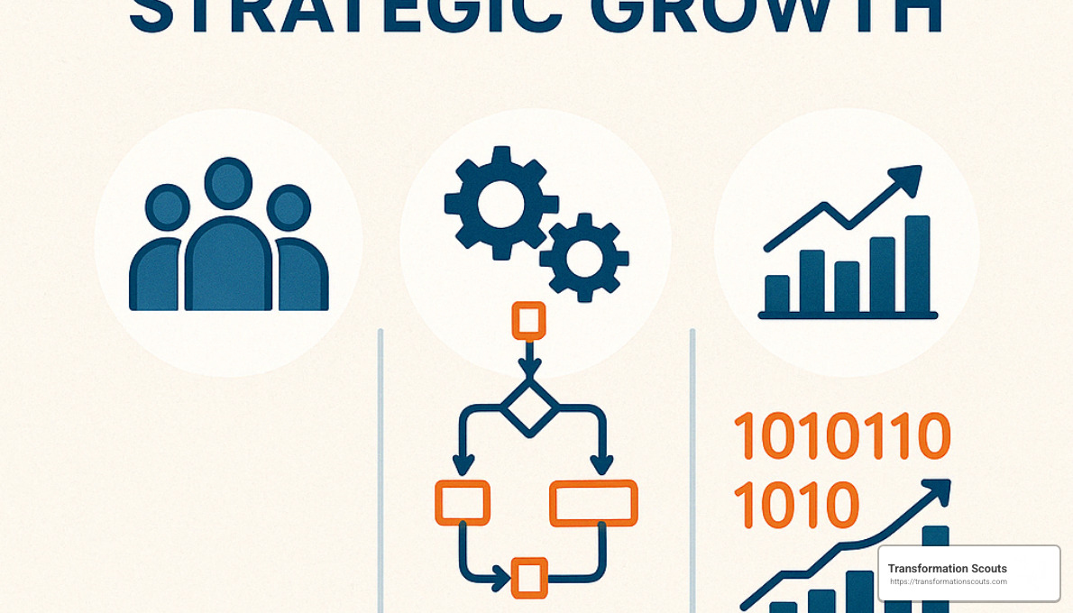 Three pillars of strategic growth showing People, Process, and Data - strategic growth solutions Three pillars of strategic growth showing People, Process, and Data - strategic growth solutions