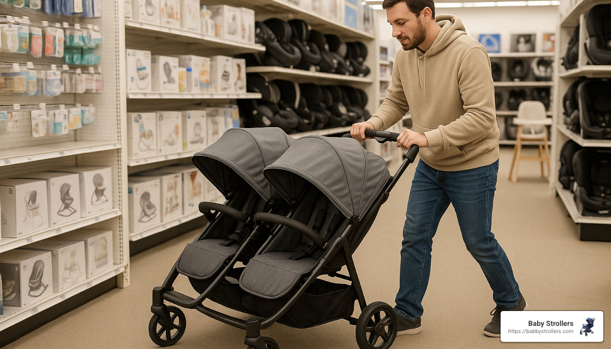 Parent testing maneuverability of affordable twin stroller - affordable twin strollers