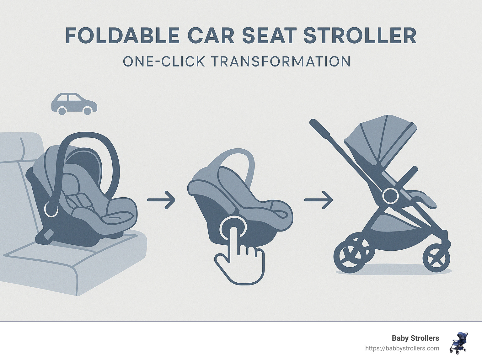 Comparison of foldable car seat stroller change process showing the one-click mechanism that converts from secure car seat to functional stroller in three simple steps - foldable car seat stroller infographic 