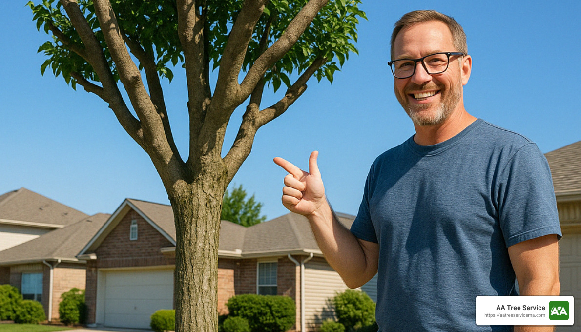 satisfied customer with completed tree service - local tree cutting services