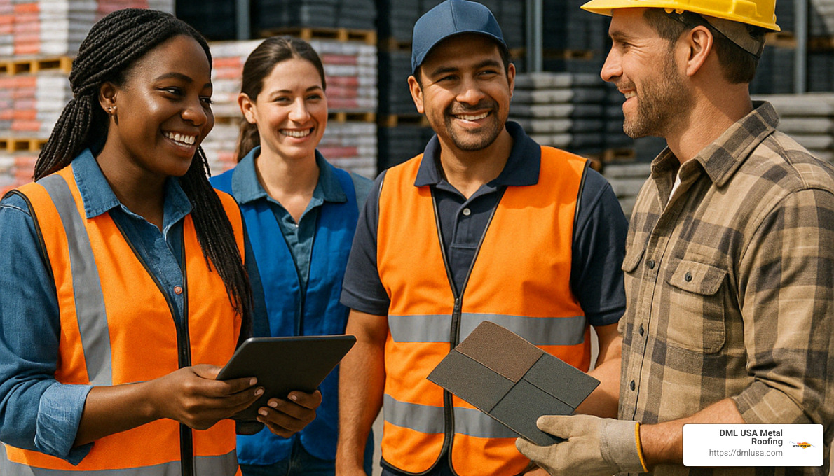 Diverse team members at a roofing distribution center helping contractors - roofing distribution