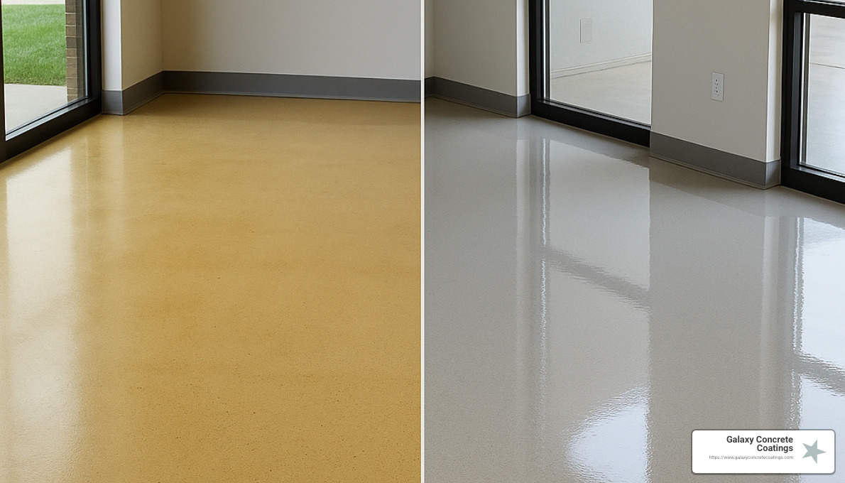comparison of yellowed epoxy floor versus pristine polyaspartic floor after 5 years - custom epoxy floors comparison of yellowed epoxy floor versus pristine polyaspartic floor after 5 years - custom epoxy floors