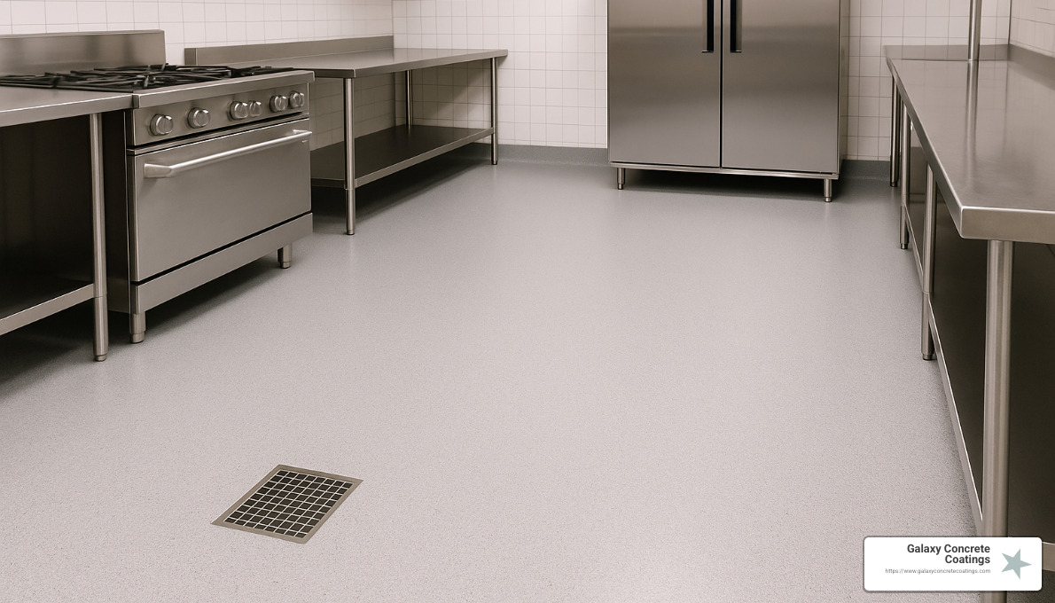 Pristine polyaspartic flooring in a commercial kitchen showing seamless installation with cove base and drain integration - commercial kitchen epoxy flooring