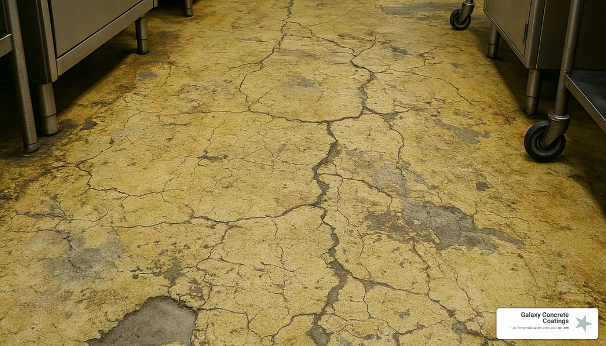 Damaged epoxy floor showing cracks, yellowing, and deterioration in a commercial kitchen setting - commercial kitchen epoxy flooring