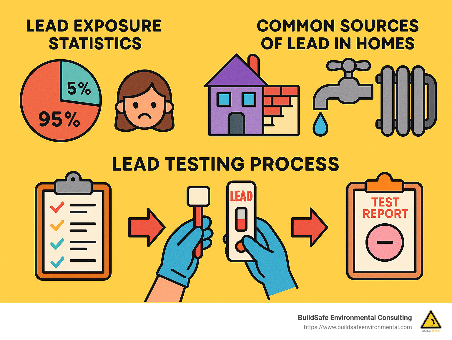 Infographic showing lead exposure statistics, common sources of lead in homes, and the testing process used by lead testing companies - lead testing companies infographic 