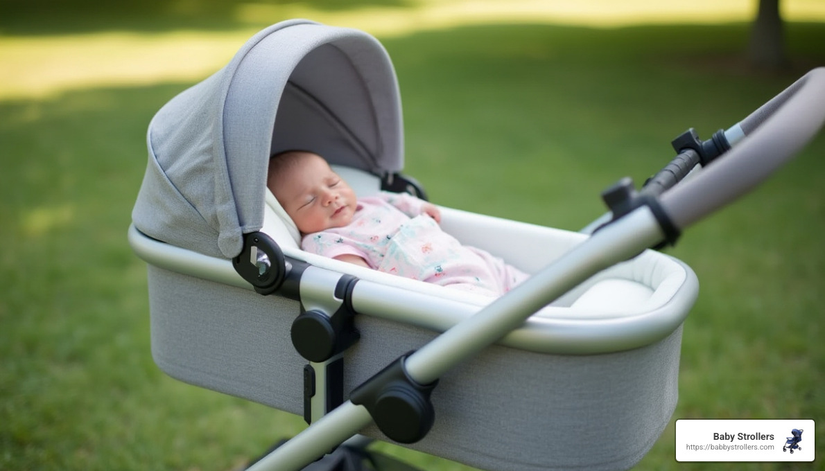 bassinet stroller with newborn sleeping comfortably inside - newborn stroller features
