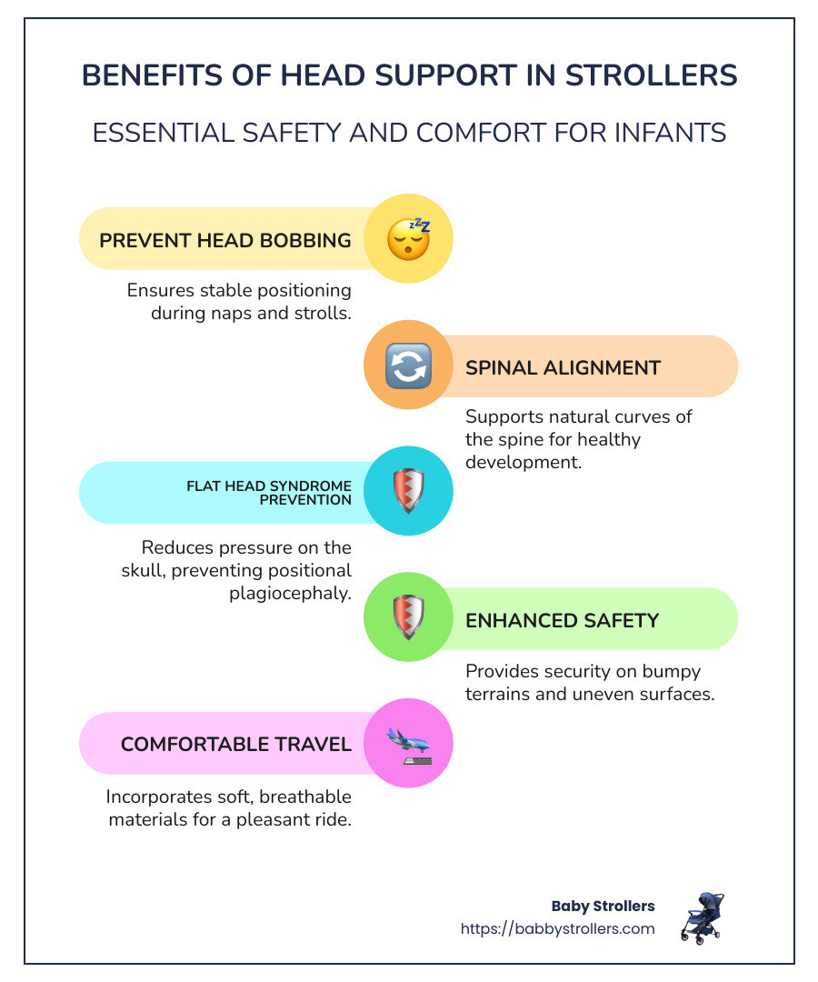 Comparison of different head support systems in strollers showing ergonomic benefits, safety features, and age-appropriate support levels - Stroller with head support infographic infographic-line-5-steps-colors