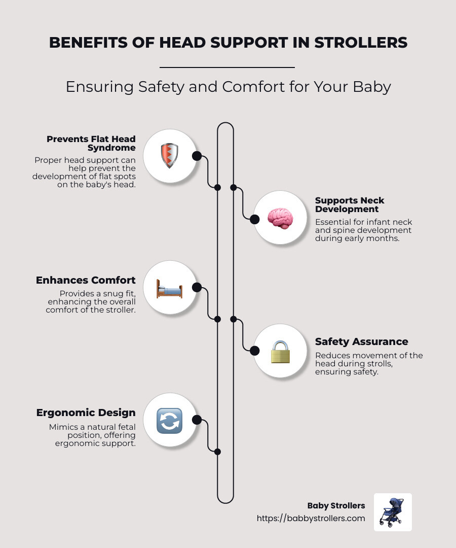 Infographic showing head support benefits for different age groups with safety recommendations - Stroller with head support infographic infographic-line-5-steps-neat_beige
