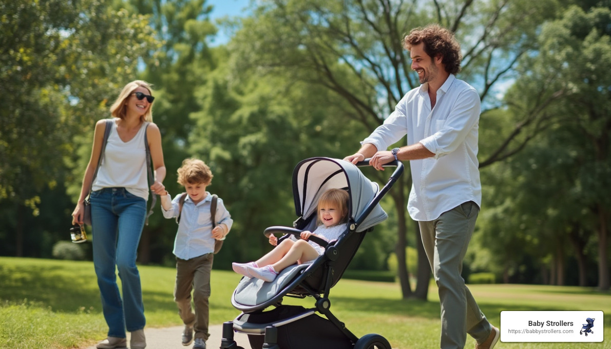 happy family with luxury stroller outdoors - luxury baby strollers