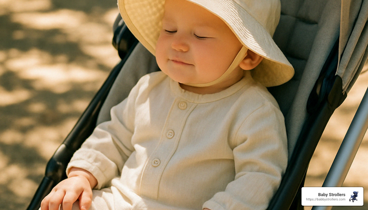 baby dressed in lightweight sun protective clothing with hat - how to protect baby from sun in stroller