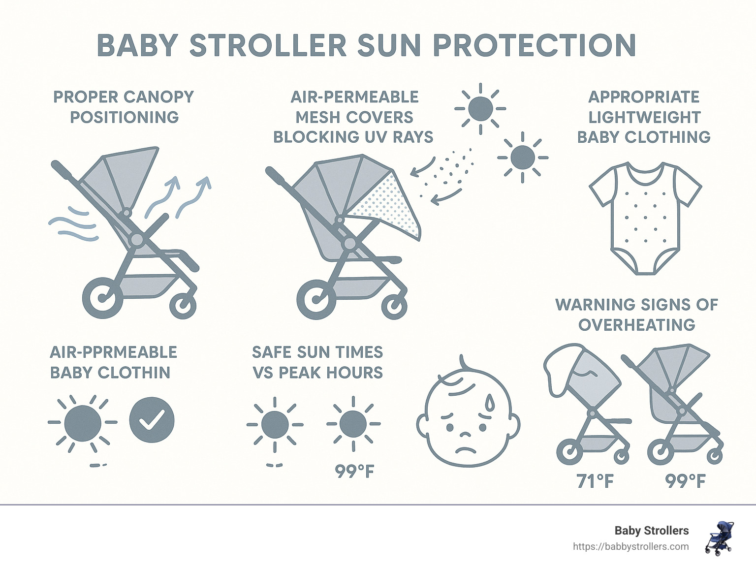 Comprehensive guide to baby stroller sun protection showing proper canopy positioning, air-permeable covers, appropriate baby clothing, safe times for outings, and warning signs of overheating with temperature comparisons between covered and uncovered strollers - how to protect baby from sun in stroller infographic 