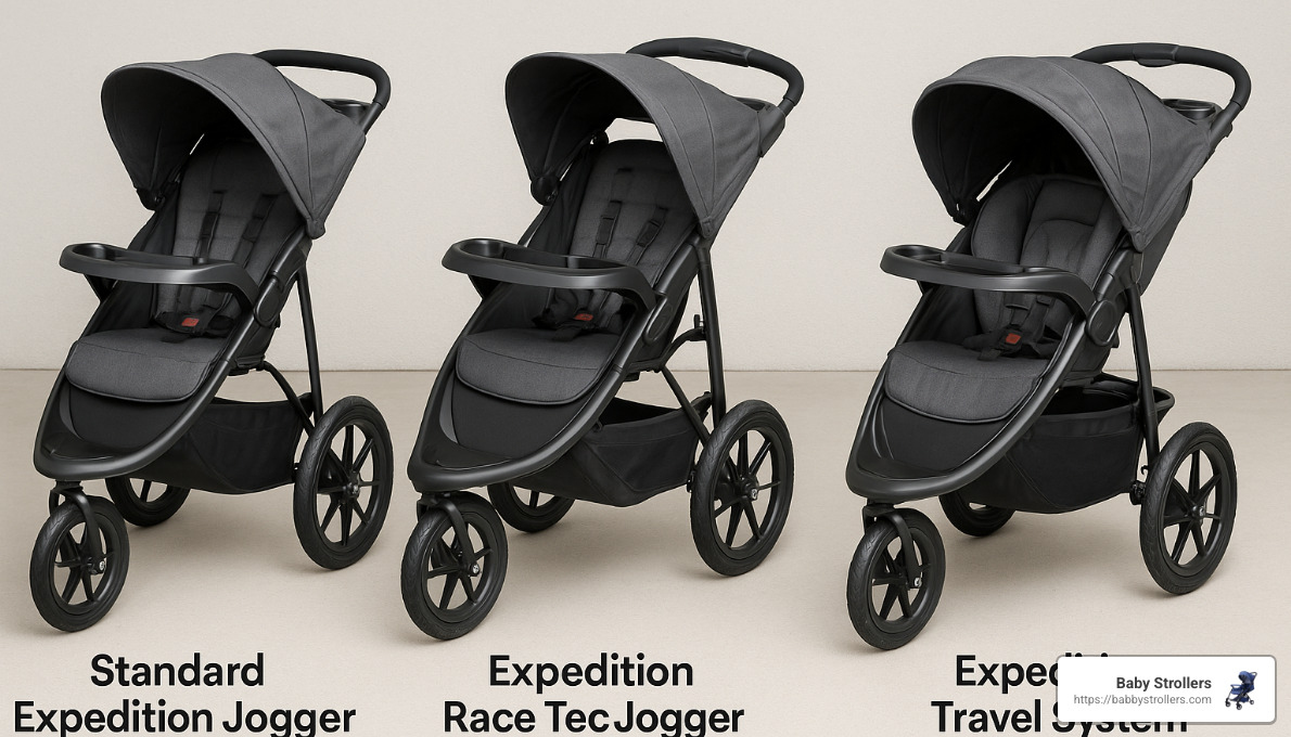 Comparison of Baby Trend Expedition models side by side showing standard, Race Tec, and Travel System versions - baby trend expedition