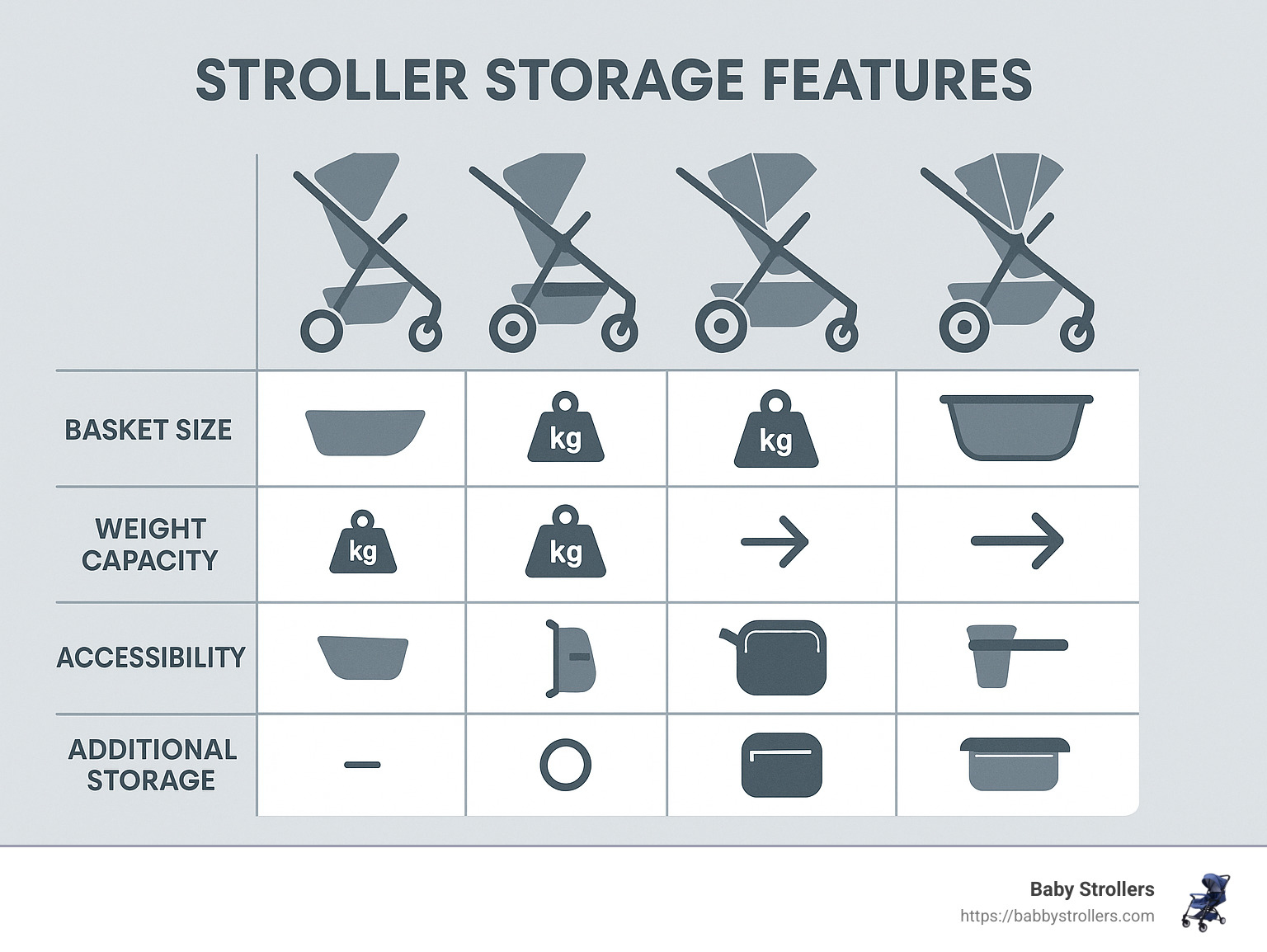 Comparison of stroller storage features showing basket size, weight capacity, accessibility features, and additional storage options across popular models - stroller with storage infographic 