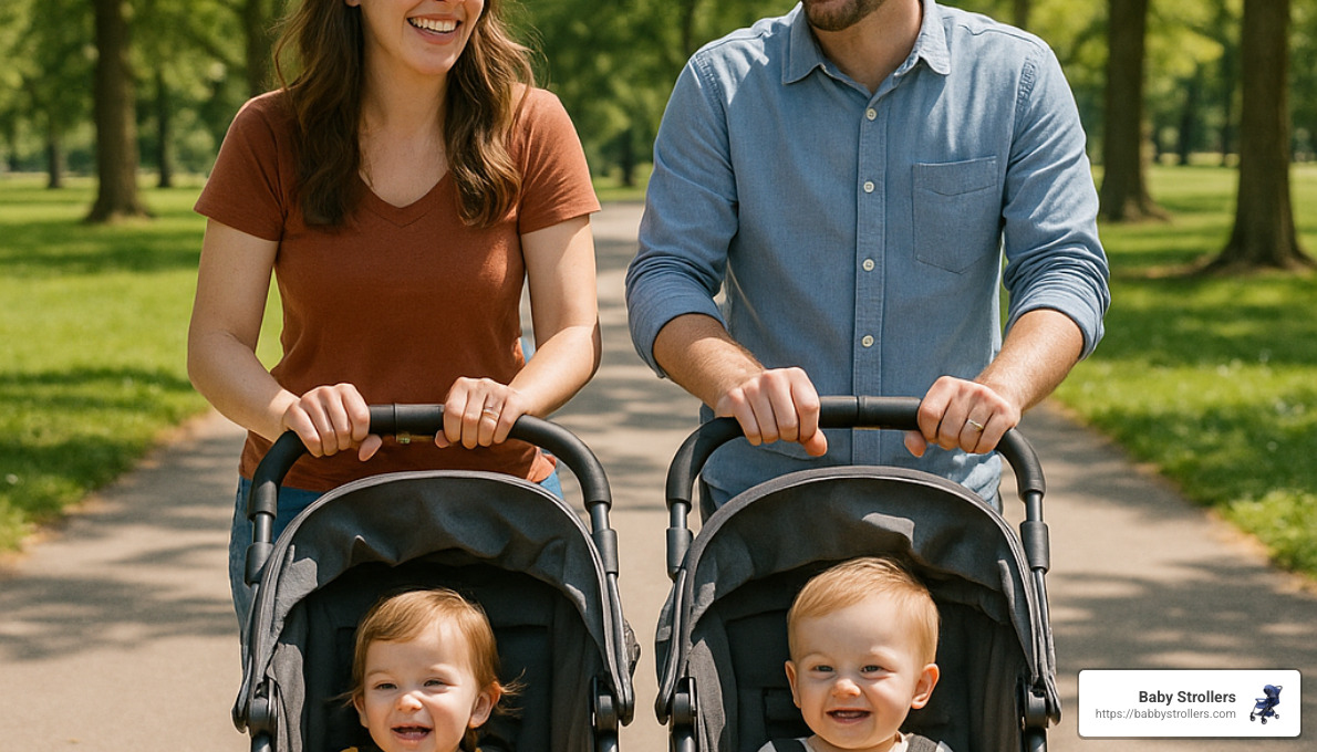 parents pushing a lightweight double stroller side by side through a park - lightweight double stroller side by side