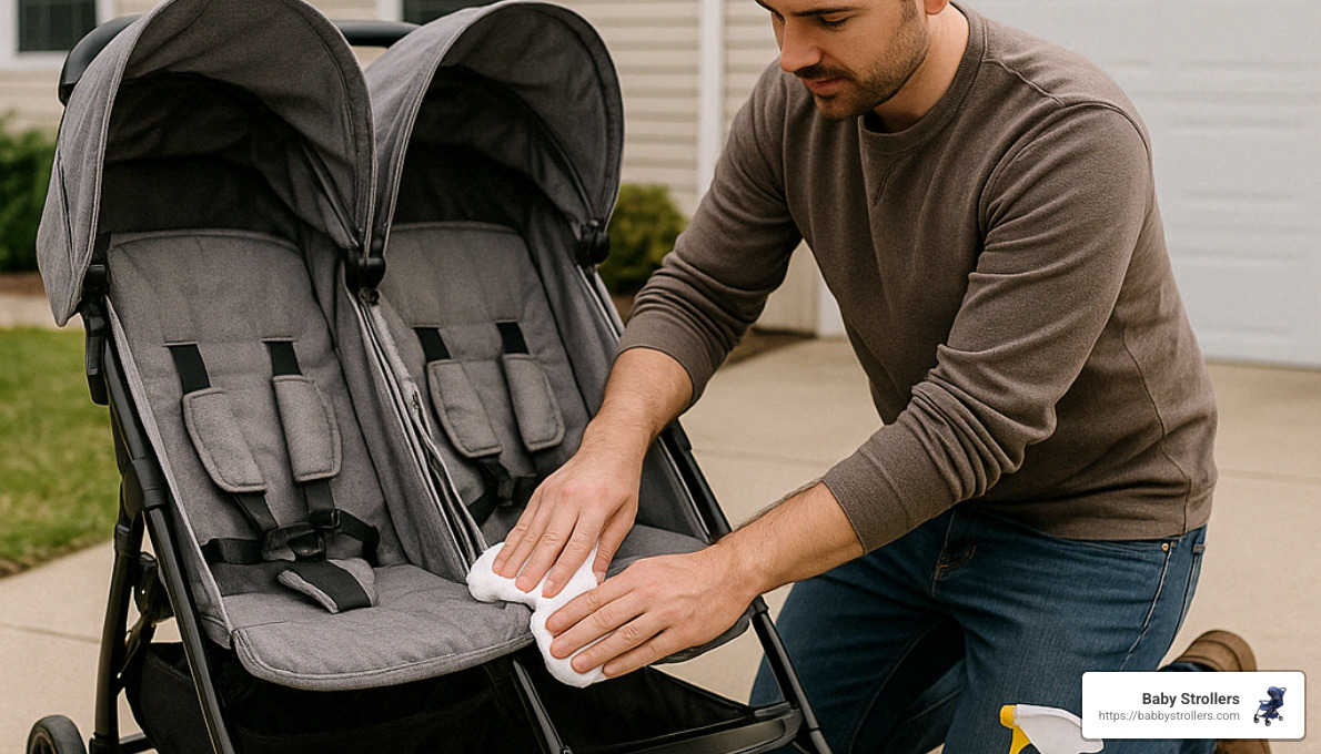parent cleaning a lightweight double stroller - lightweight double stroller side by side