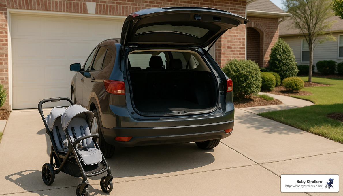compactly folded double stroller next to car trunk for size comparison - lightweight double stroller side by side
