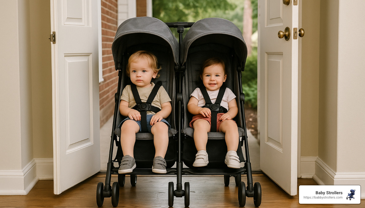 stroller navigating through a standard doorway with room to spare - lightweight double stroller side by side