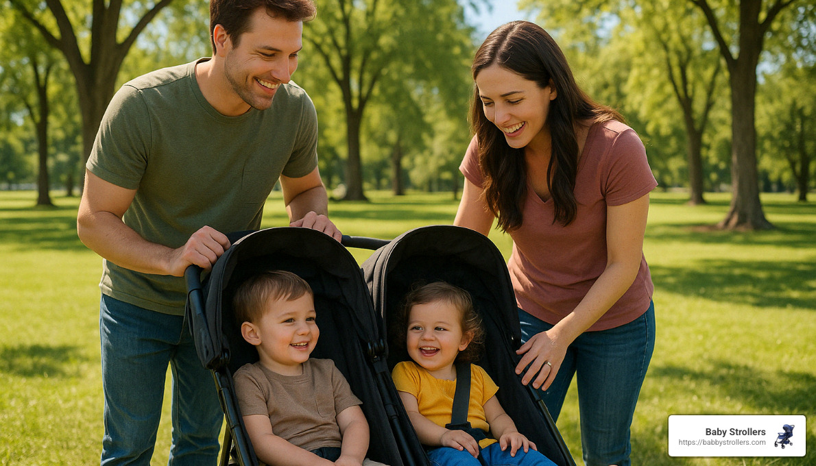 happy parents with two children in a lightweight double stroller side by side - lightweight double stroller side by side