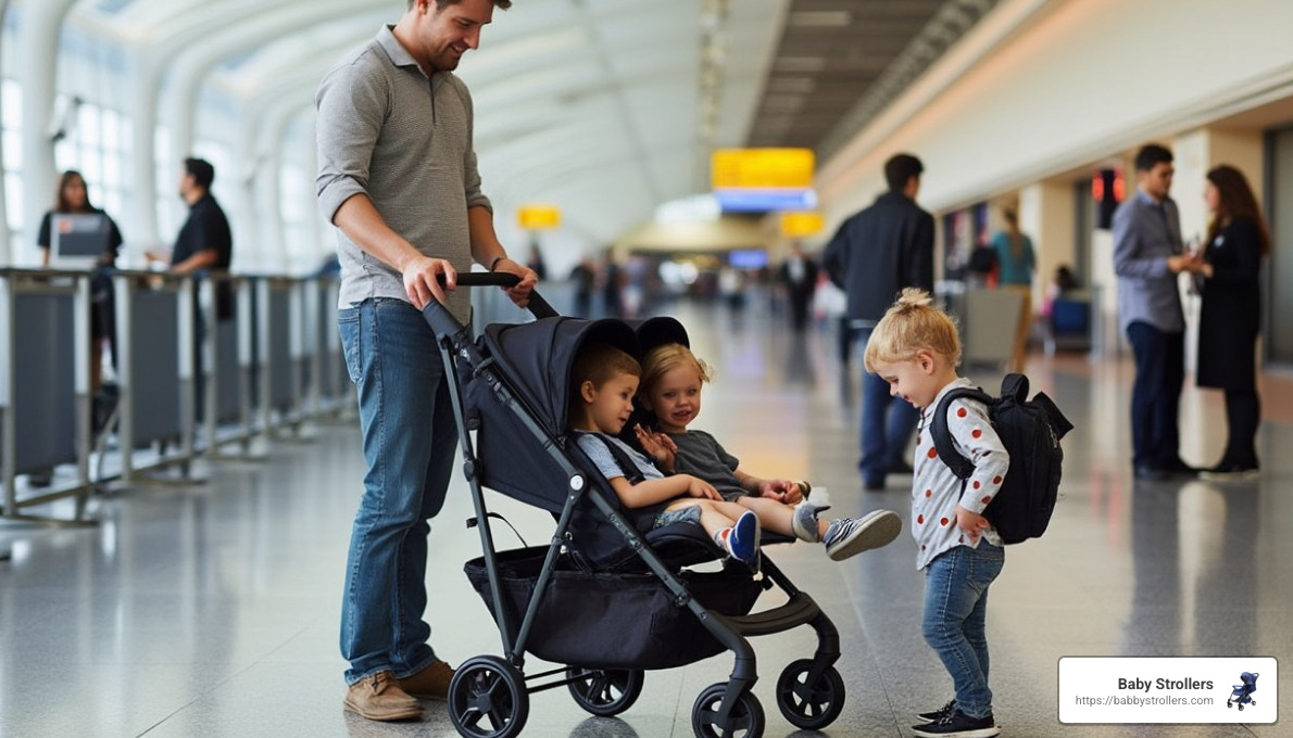 parents folding a lightweight double stroller at an airport gate - lightweight double stroller side by side