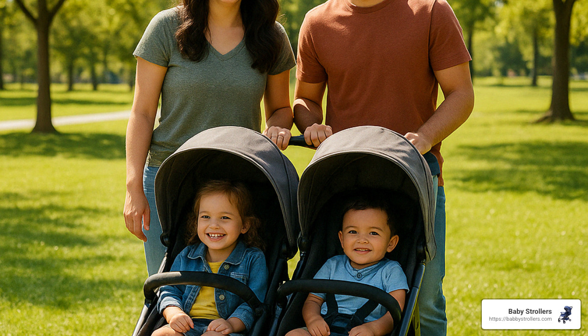Happy family with double stroller - double stroller buying guide