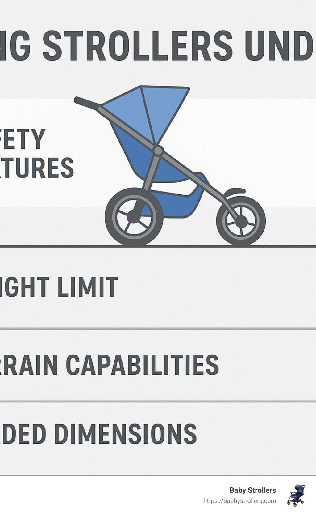 Comparison of key features in jogging strollers under $200 showing safety features, weight limits, terrain capabilities, and folded dimensions - Jogging strollers under $200 infographic 
