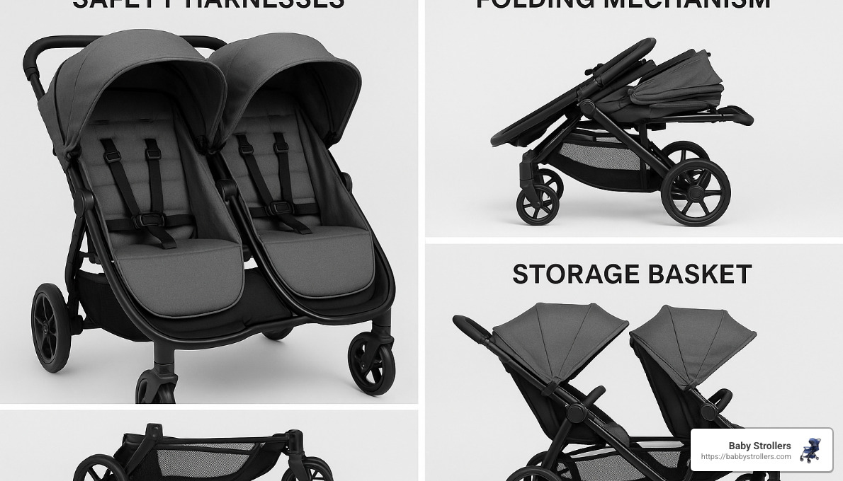 Key double stroller features highlighting safety harnesses, folding mechanisms, and storage options - double stroller buying guide