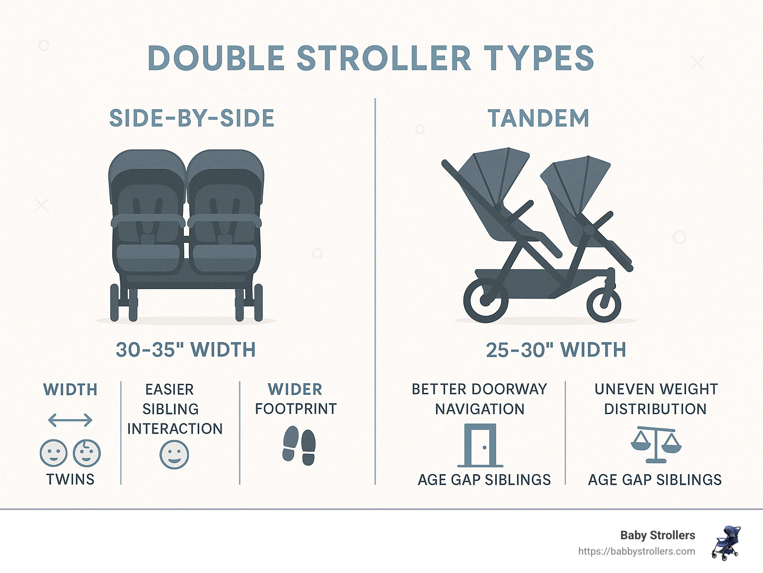 Double stroller types comparison showing side-by-side vs tandem models with their key advantages, disadvantages, typical width measurements, and ideal use cases - double stroller buying guide infographic 