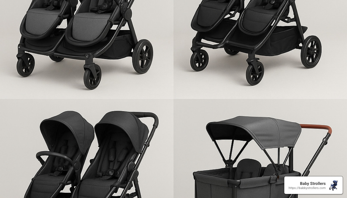 Different types of double strollers showing side-by-side, tandem, convertible and wagon options - double stroller buying guide