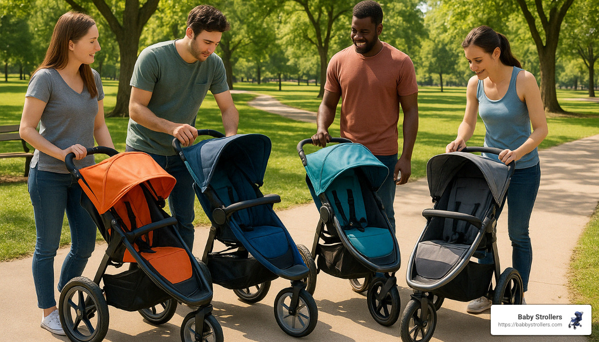 parents comparing jogging strollers - Jogging strollers under $200